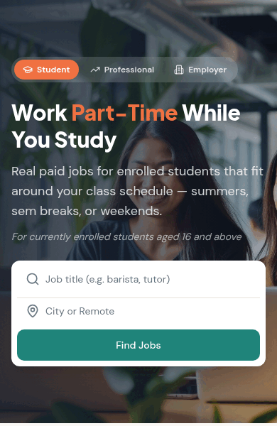 Preview of the platform — Student, Professional, and Employer entry points